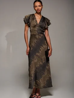 Jolie Moi Occasion Dresses|Weekend Casuals-Ruffle Sleeve Print Satin Maxi Dress, Brown Animal