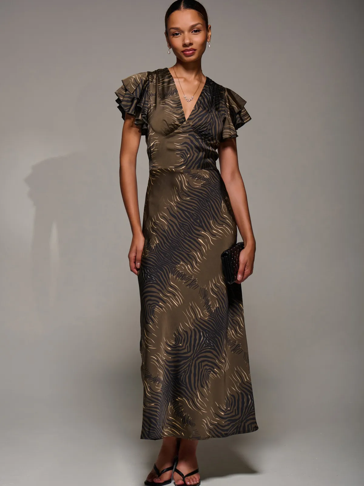 Jolie Moi Occasion Dresses|Weekend Casuals-Ruffle Sleeve Print Satin Maxi Dress, Brown Animal