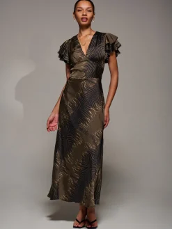 Jolie Moi Occasion Dresses|Weekend Casuals-Ruffle Sleeve Print Satin Maxi Dress, Brown Animal