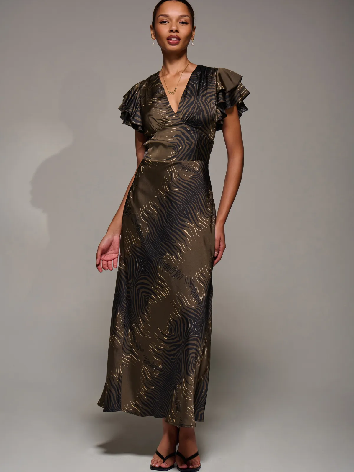 Jolie Moi Occasion Dresses|Weekend Casuals-Ruffle Sleeve Print Satin Maxi Dress, Brown Animal
