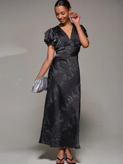 Jolie Moi Occasion Dresses|Animal Print Dresses-Ruffle Sleeve Print Satin Maxi Dress, Grey Animal