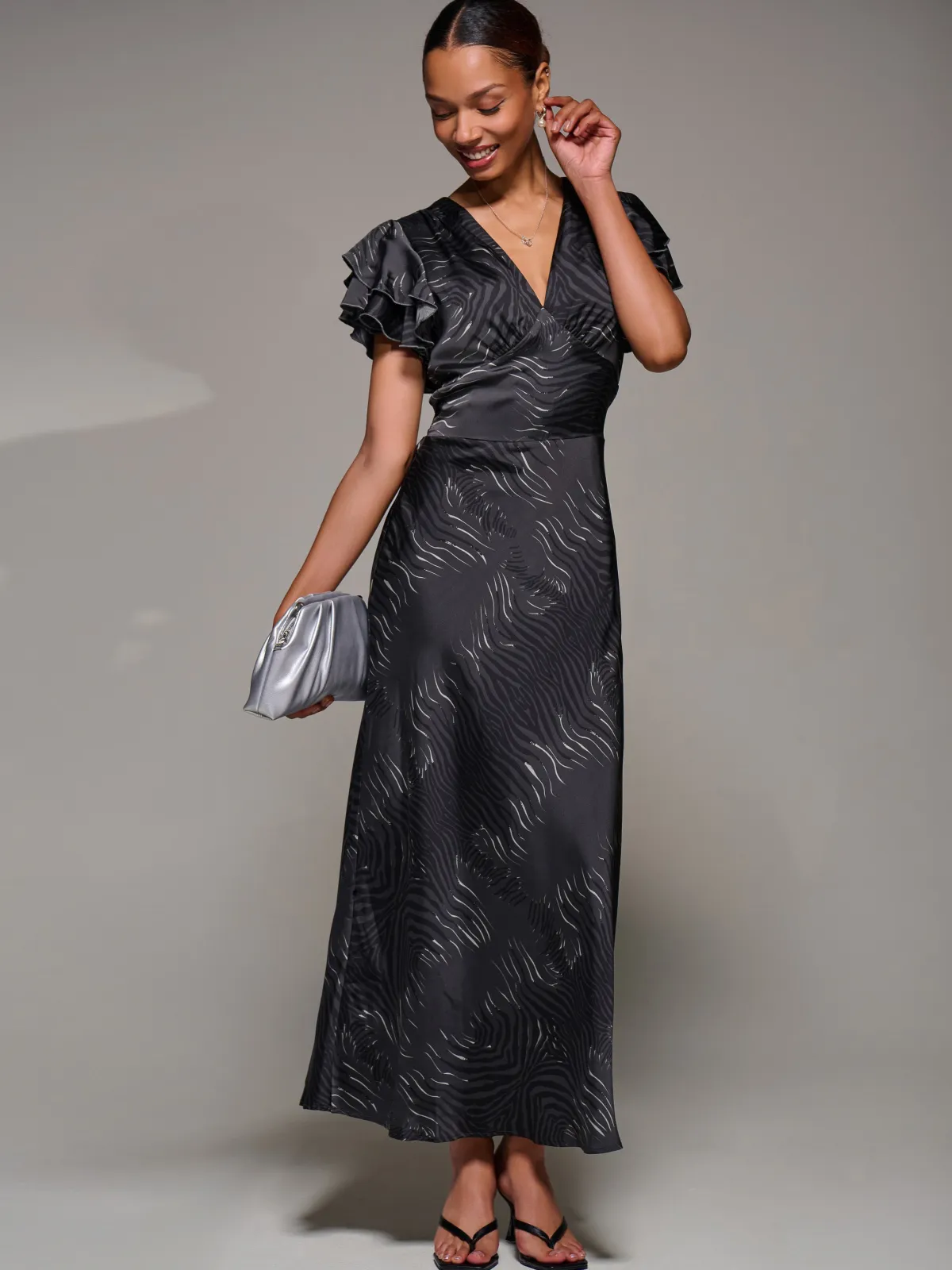 Jolie Moi Occasion Dresses|Animal Print Dresses-Ruffle Sleeve Print Satin Maxi Dress, Grey Animal