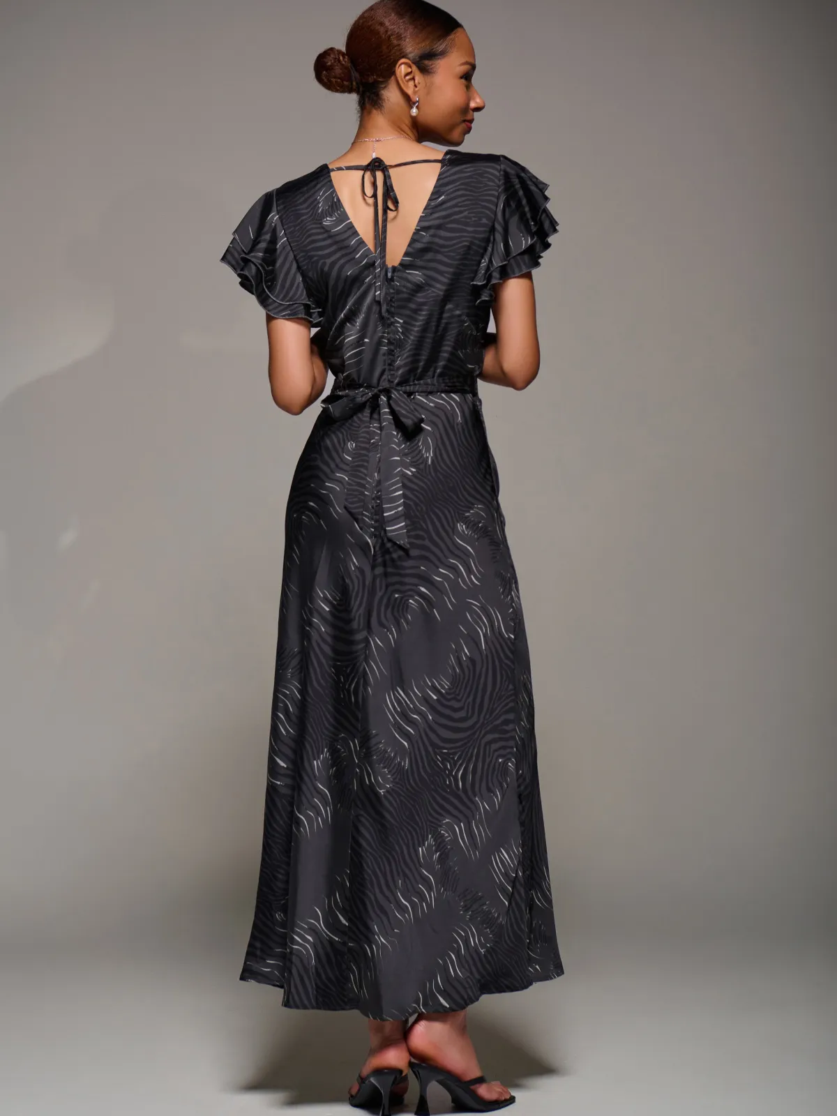 Jolie Moi Occasion Dresses|Animal Print Dresses-Ruffle Sleeve Print Satin Maxi Dress, Grey Animal