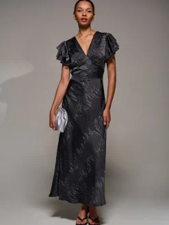 Jolie Moi Occasion Dresses|Animal Print Dresses-Ruffle Sleeve Print Satin Maxi Dress, Grey Animal