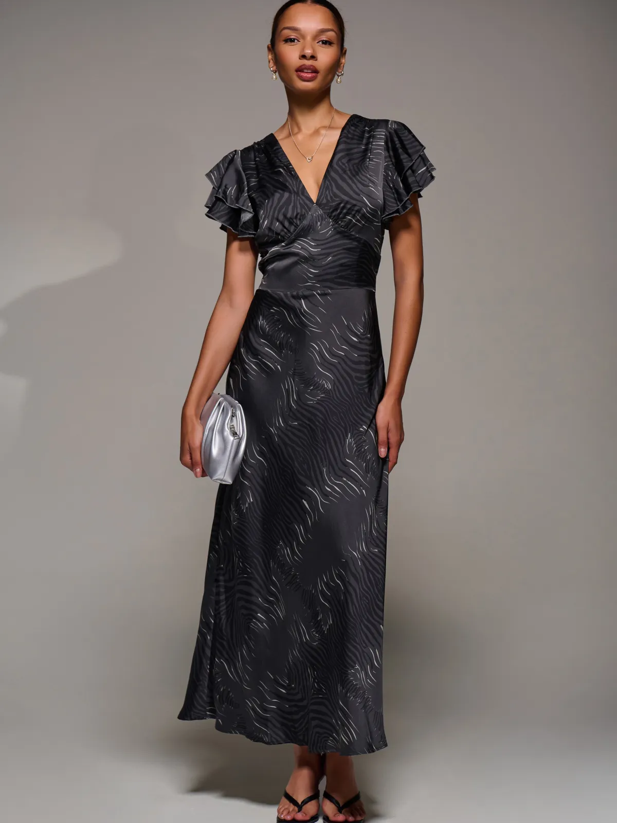 Jolie Moi Occasion Dresses|Animal Print Dresses-Ruffle Sleeve Print Satin Maxi Dress, Grey Animal