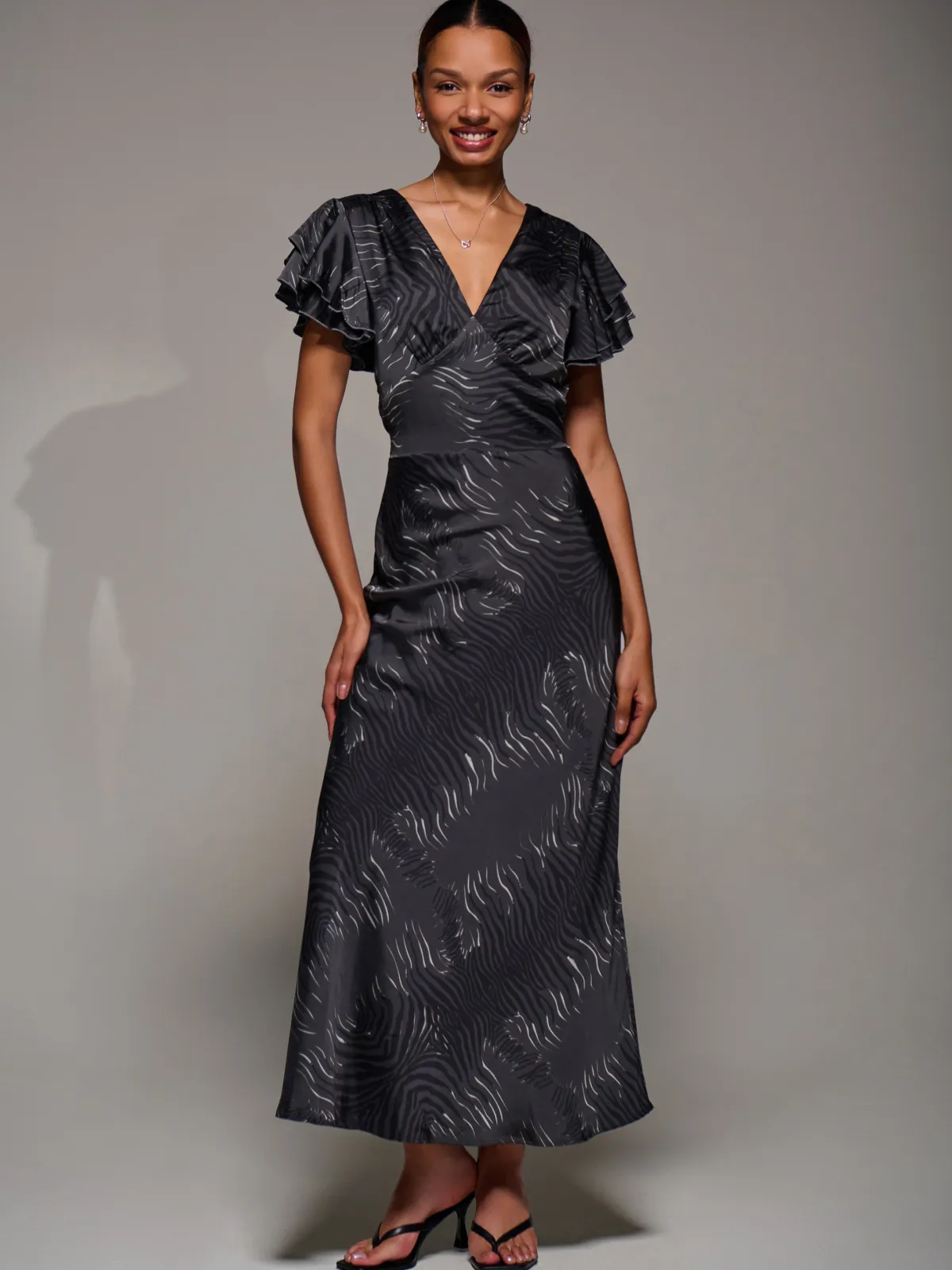 Jolie Moi Occasion Dresses|Animal Print Dresses-Ruffle Sleeve Print Satin Maxi Dress, Grey Animal
