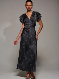 Jolie Moi Occasion Dresses|Animal Print Dresses-Ruffle Sleeve Print Satin Maxi Dress, Grey Animal