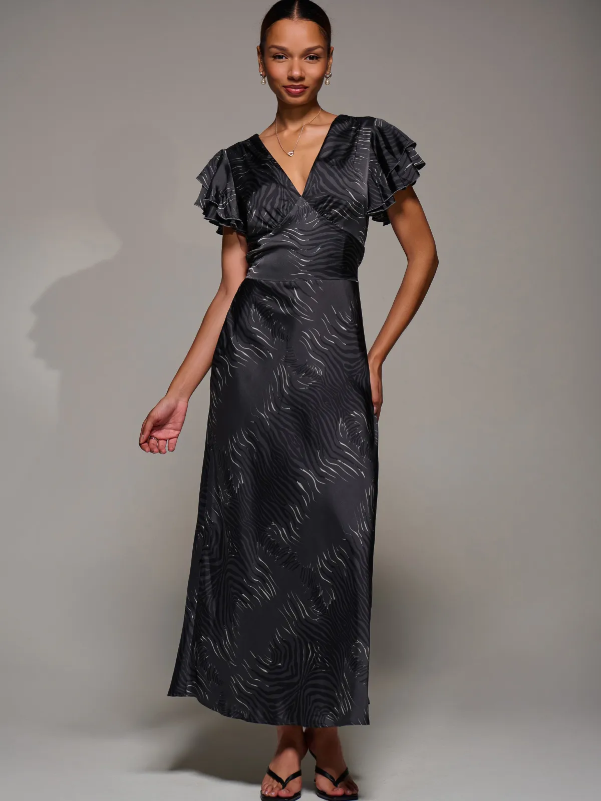 Jolie Moi Occasion Dresses|Animal Print Dresses-Ruffle Sleeve Print Satin Maxi Dress, Grey Animal
