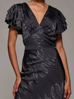 Jolie Moi Occasion Dresses|Animal Print Dresses-Ruffle Sleeve Print Satin Maxi Dress, Grey Animal