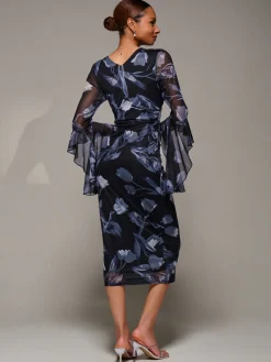 Jolie Moi Occasion Dresses|Party Dresses-Ruffle Sleeve Ruched Mesh Bodycon Dress, Black Floral