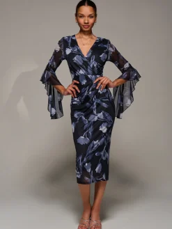 Jolie Moi Occasion Dresses|Party Dresses-Ruffle Sleeve Ruched Mesh Bodycon Dress, Black Floral