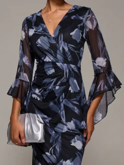 Jolie Moi Occasion Dresses|Party Dresses-Ruffle Sleeve Ruched Mesh Bodycon Dress, Black Floral