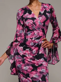 Jolie Moi Occasion Dresses|Party Dresses-Ruffle Sleeve Ruched Mesh Bodycon Dress, Pink Floral