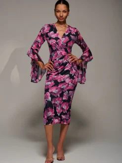 Jolie Moi Occasion Dresses|Party Dresses-Ruffle Sleeve Ruched Mesh Bodycon Dress, Pink Floral