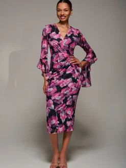 Jolie Moi Occasion Dresses|Party Dresses-Ruffle Sleeve Ruched Mesh Bodycon Dress, Pink Floral