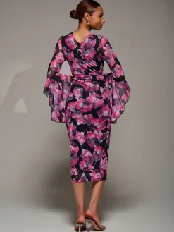 Jolie Moi Occasion Dresses|Party Dresses-Ruffle Sleeve Ruched Mesh Bodycon Dress, Pink Floral