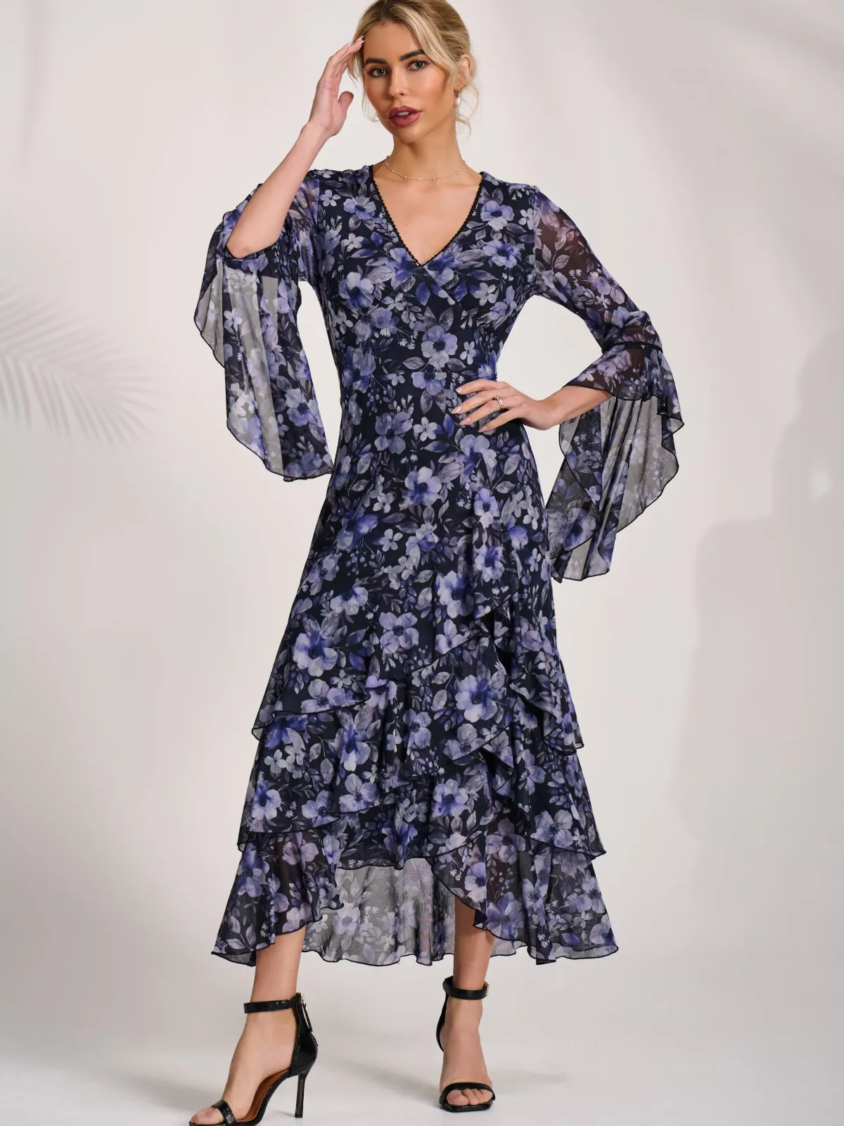Jolie Moi Occasion Dresses|Floral Dresses-Ruffle Sleeve Tiered Mesh Midaxi Dress, Black Floral