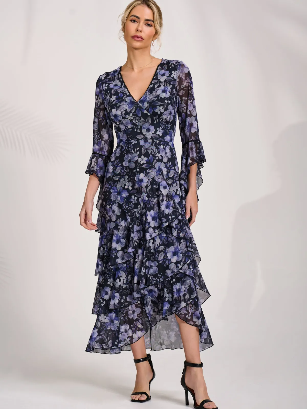 Jolie Moi Occasion Dresses|Floral Dresses-Ruffle Sleeve Tiered Mesh Midaxi Dress, Black Floral