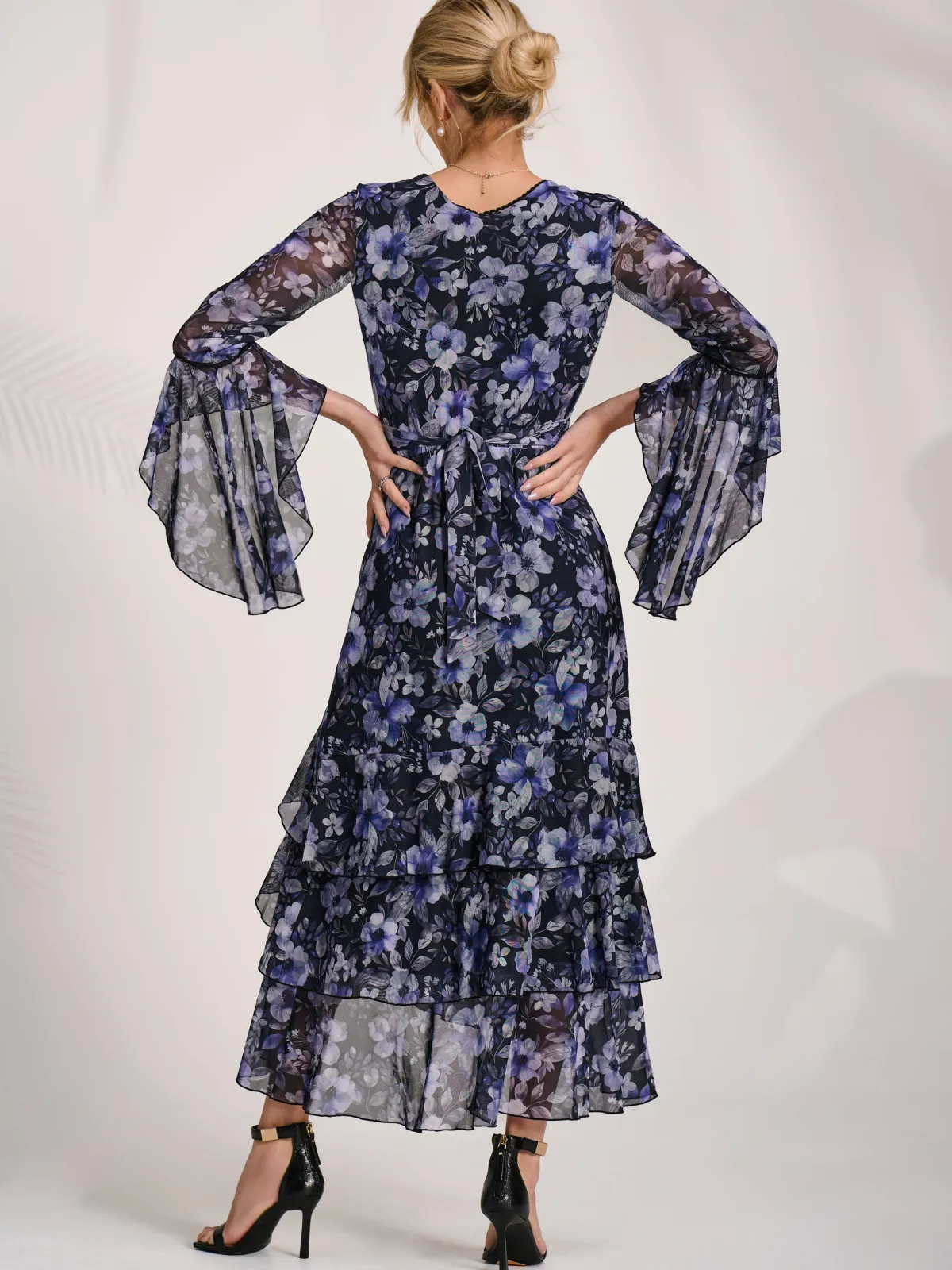 Jolie Moi Occasion Dresses|Floral Dresses-Ruffle Sleeve Tiered Mesh Midaxi Dress, Black Floral