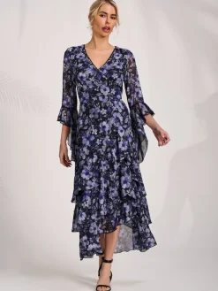 Jolie Moi Occasion Dresses|Floral Dresses-Ruffle Sleeve Tiered Mesh Midaxi Dress, Black Floral