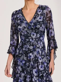 Jolie Moi Occasion Dresses|Floral Dresses-Ruffle Sleeve Tiered Mesh Midaxi Dress, Black Floral