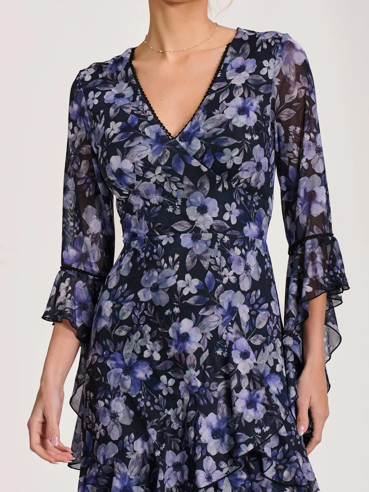 Jolie Moi Occasion Dresses|Floral Dresses-Ruffle Sleeve Tiered Mesh Midaxi Dress, Black Floral