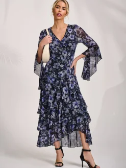 Jolie Moi Occasion Dresses|Floral Dresses-Ruffle Sleeve Tiered Mesh Midaxi Dress, Black Floral