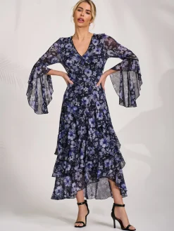 Jolie Moi Occasion Dresses|Floral Dresses-Ruffle Sleeve Tiered Mesh Midaxi Dress, Black Floral