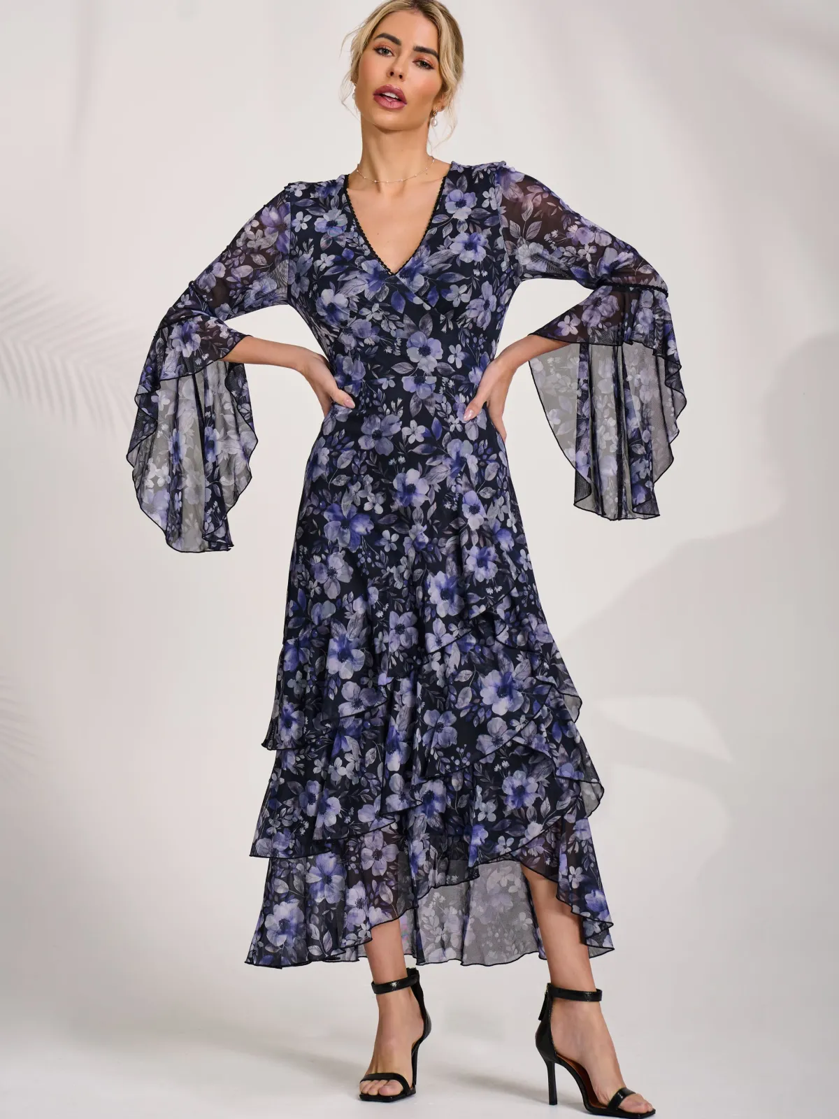 Jolie Moi Occasion Dresses|Floral Dresses-Ruffle Sleeve Tiered Mesh Midaxi Dress, Black Floral