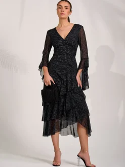 Jolie Moi Occasion Dresses|Mesh Dresses-Ruffle Sleeve Tiered Mesh Midaxi Dress, Black Spot