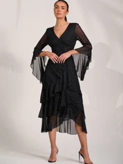 Jolie Moi Occasion Dresses|Mesh Dresses-Ruffle Sleeve Tiered Mesh Midaxi Dress, Black Spot