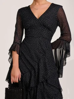 Jolie Moi Occasion Dresses|Mesh Dresses-Ruffle Sleeve Tiered Mesh Midaxi Dress, Black Spot