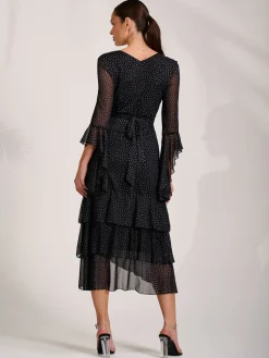 Jolie Moi Occasion Dresses|Mesh Dresses-Ruffle Sleeve Tiered Mesh Midaxi Dress, Black Spot
