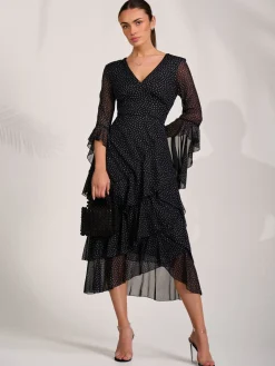Jolie Moi Occasion Dresses|Mesh Dresses-Ruffle Sleeve Tiered Mesh Midaxi Dress, Black Spot