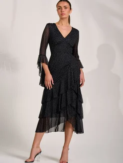Jolie Moi Occasion Dresses|Mesh Dresses-Ruffle Sleeve Tiered Mesh Midaxi Dress, Black Spot