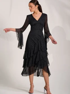 Jolie Moi Occasion Dresses|Mesh Dresses-Ruffle Sleeve Tiered Mesh Midaxi Dress, Black Spot