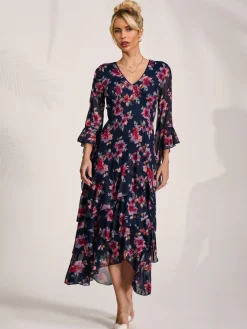 Jolie Moi Occasion Dresses|Floral Dresses-Ruffle Sleeve Tiered Mesh Midaxi Dress, Navy Floral