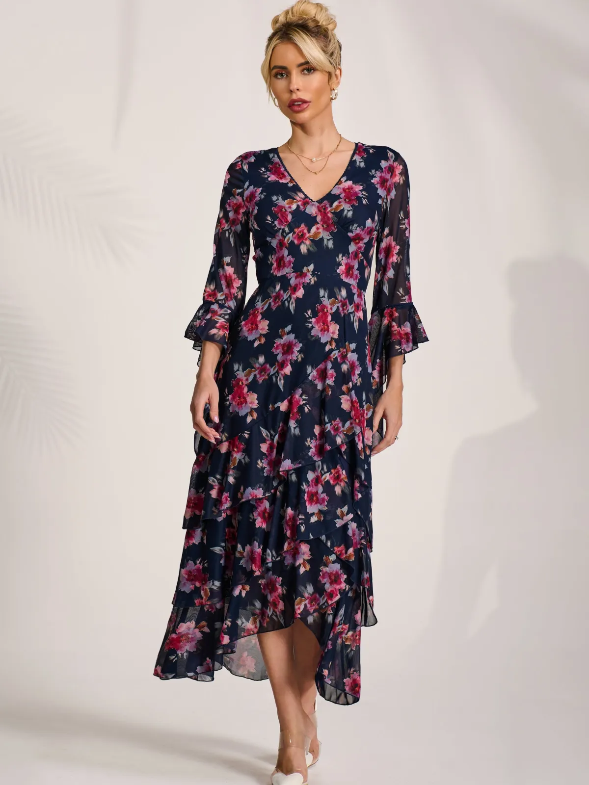 Jolie Moi Occasion Dresses|Floral Dresses-Ruffle Sleeve Tiered Mesh Midaxi Dress, Navy Floral
