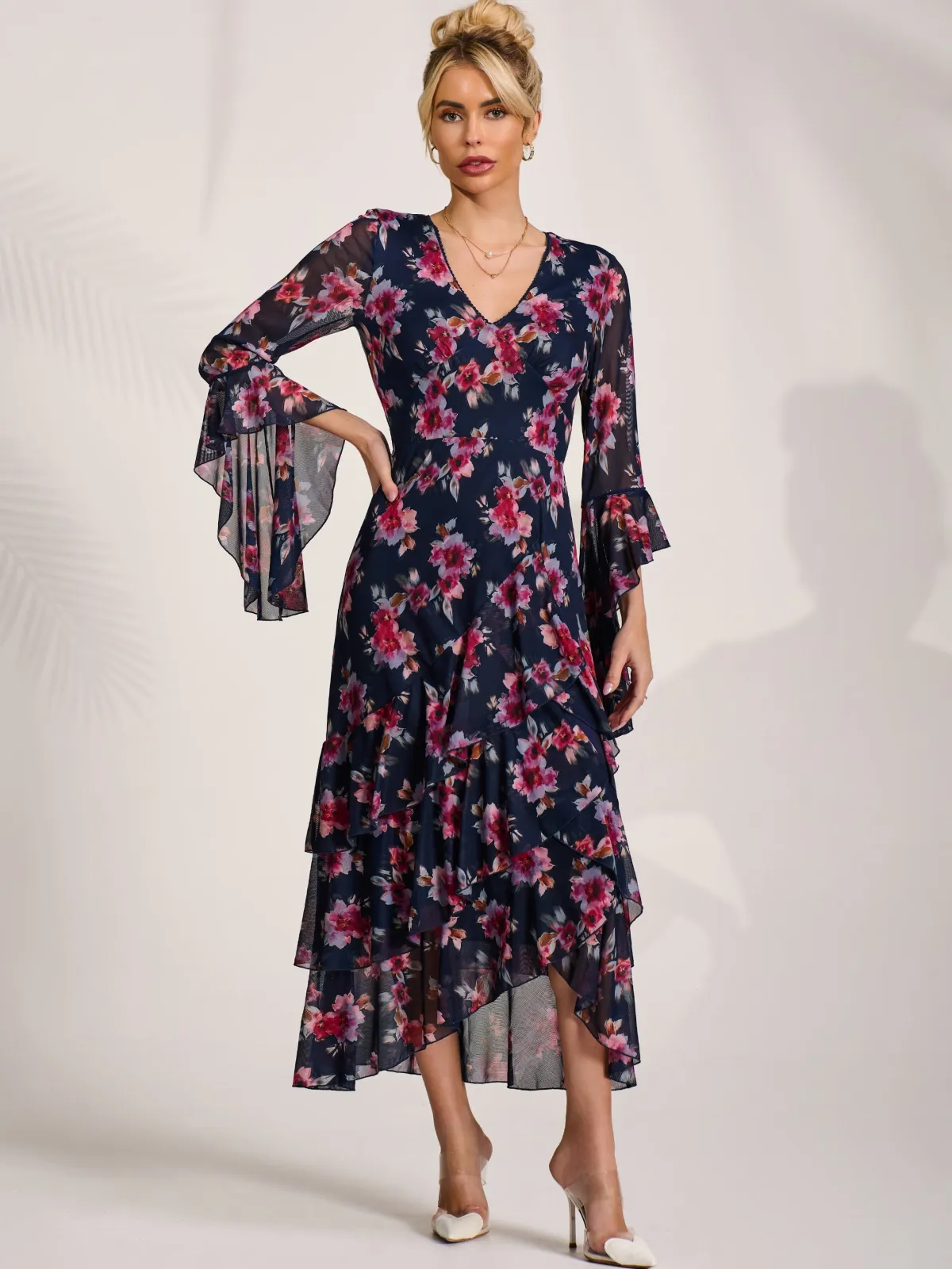 Jolie Moi Occasion Dresses|Floral Dresses-Ruffle Sleeve Tiered Mesh Midaxi Dress, Navy Floral