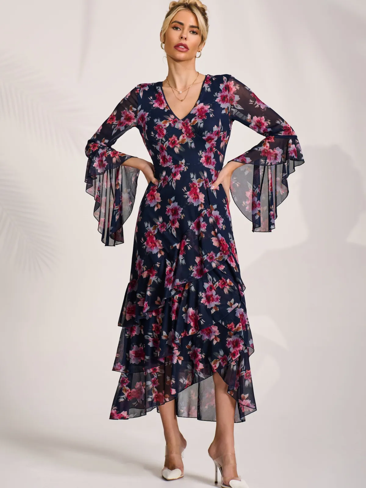 Jolie Moi Occasion Dresses|Floral Dresses-Ruffle Sleeve Tiered Mesh Midaxi Dress, Navy Floral