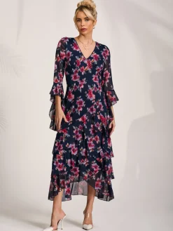 Jolie Moi Occasion Dresses|Floral Dresses-Ruffle Sleeve Tiered Mesh Midaxi Dress, Navy Floral