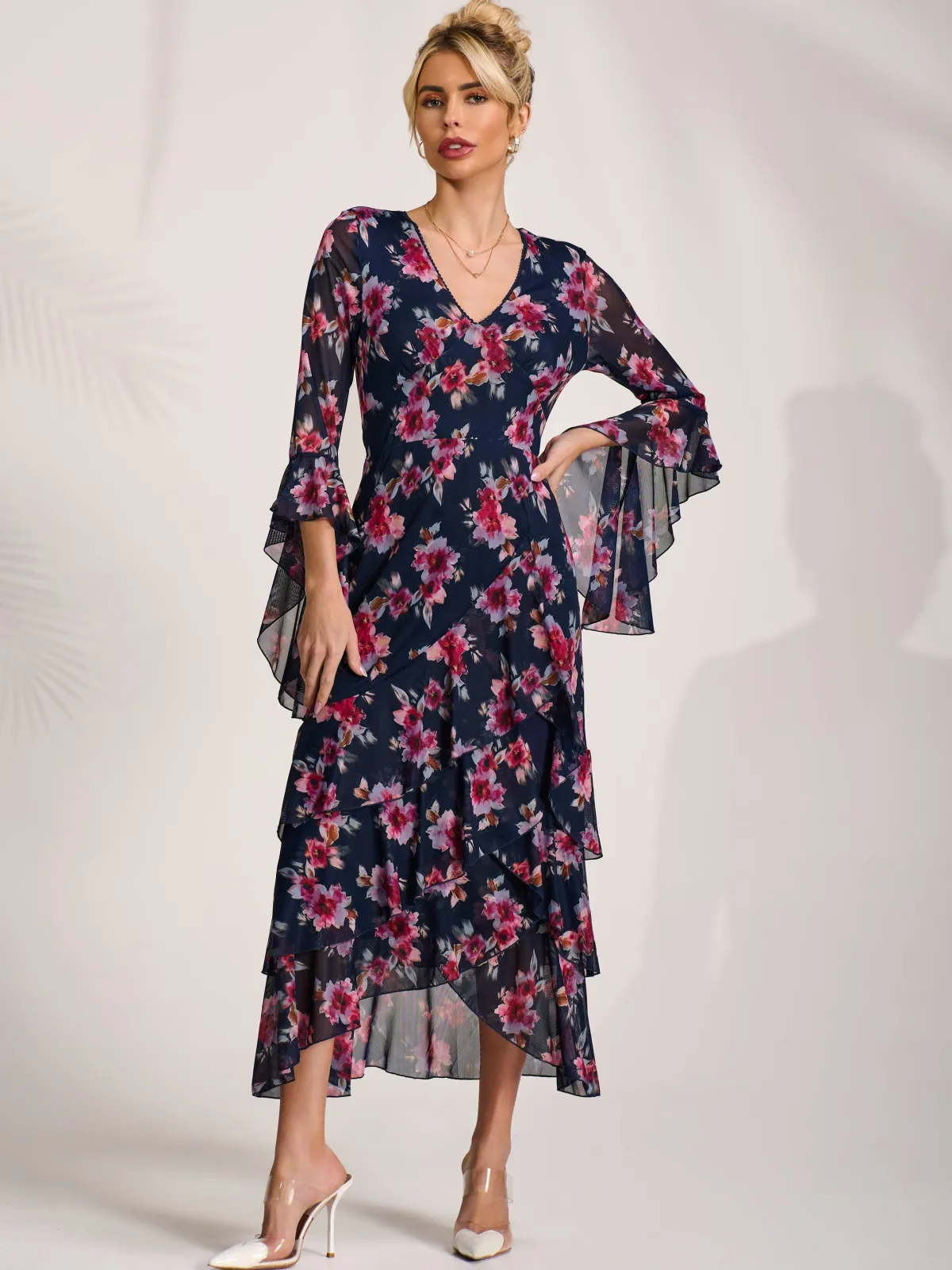 Jolie Moi Occasion Dresses|Floral Dresses-Ruffle Sleeve Tiered Mesh Midaxi Dress, Navy Floral