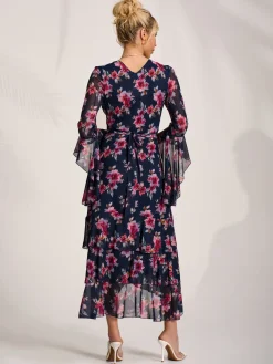 Jolie Moi Occasion Dresses|Floral Dresses-Ruffle Sleeve Tiered Mesh Midaxi Dress, Navy Floral