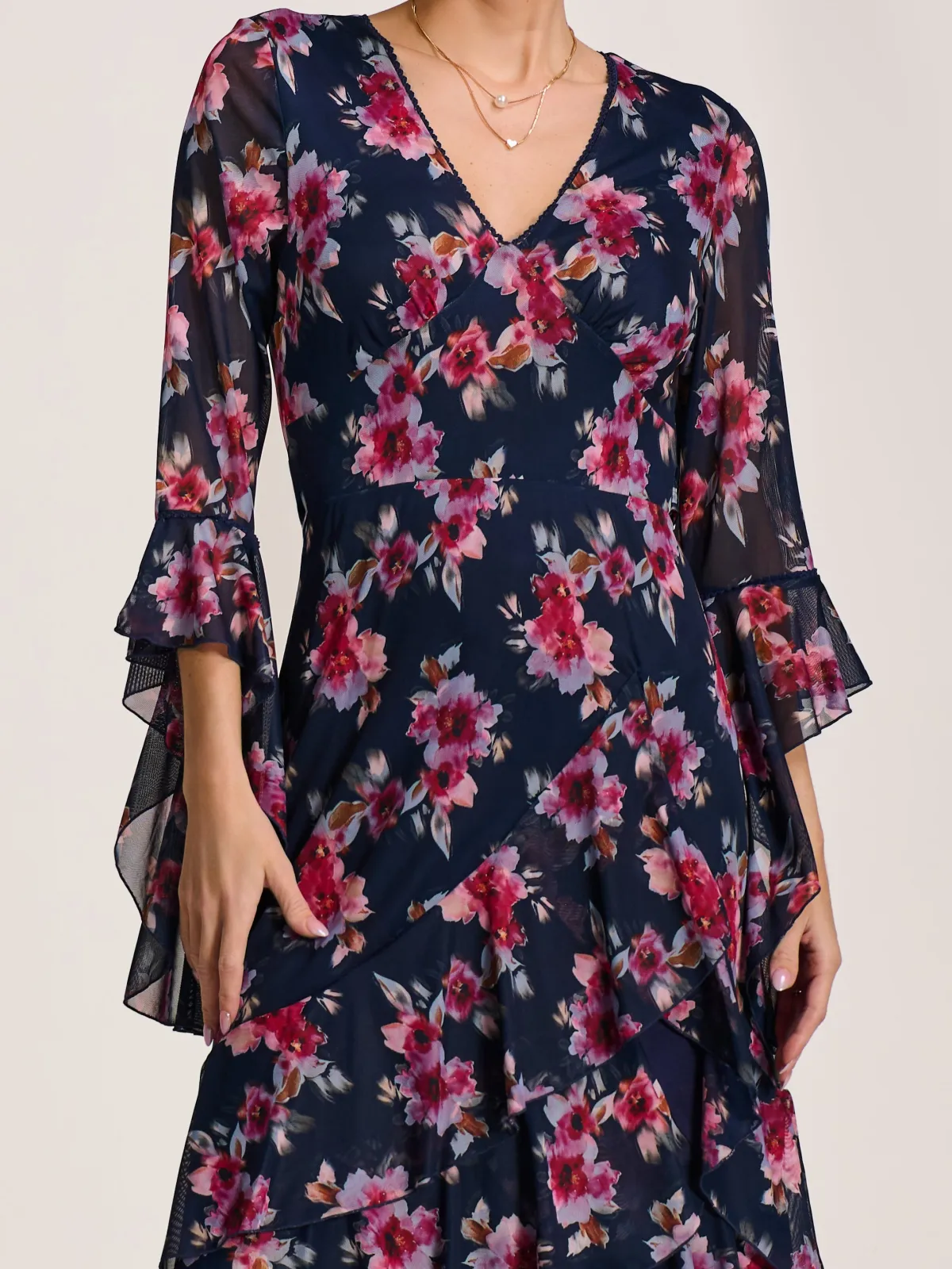 Jolie Moi Occasion Dresses|Floral Dresses-Ruffle Sleeve Tiered Mesh Midaxi Dress, Navy Floral