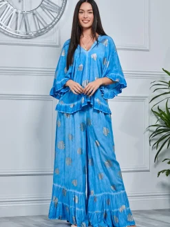 Jolie Moi Co-Ords-Ruffle Trim Kimono Sleeve Holiday Blouse, Blue Abstract