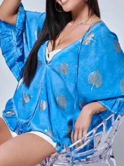 Jolie Moi Co-Ords-Ruffle Trim Kimono Sleeve Holiday Blouse, Blue Abstract