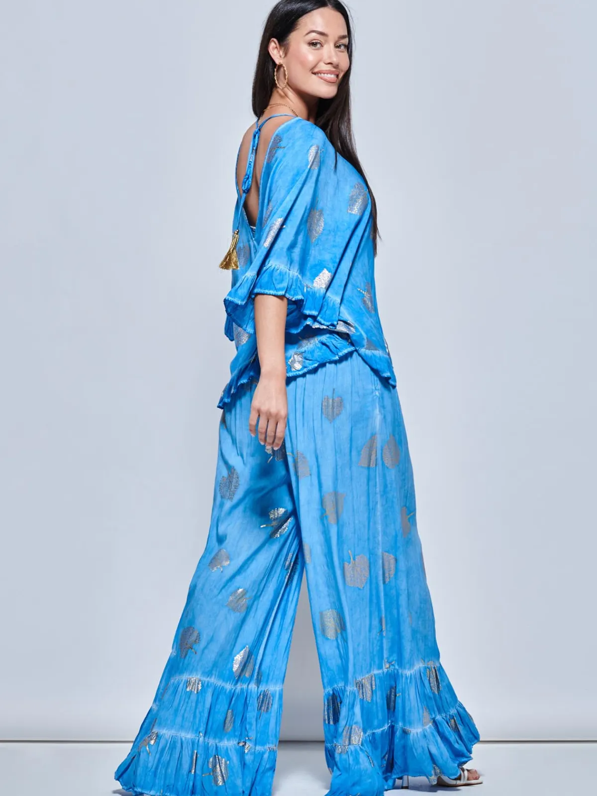 Jolie Moi Co-Ords-Ruffle Trim Kimono Sleeve Holiday Blouse, Blue Abstract