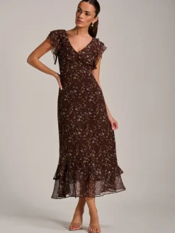 Jolie Moi Occasion Dresses|Floral Dresses-Ruffle V Neckline Chiffon Midaxi Dress, Brown Multi
