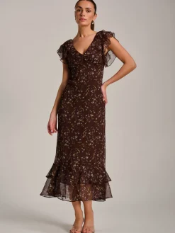 Jolie Moi Occasion Dresses|Floral Dresses-Ruffle V Neckline Chiffon Midaxi Dress, Brown Multi