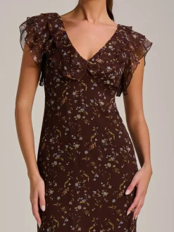 Jolie Moi Occasion Dresses|Floral Dresses-Ruffle V Neckline Chiffon Midaxi Dress, Brown Multi